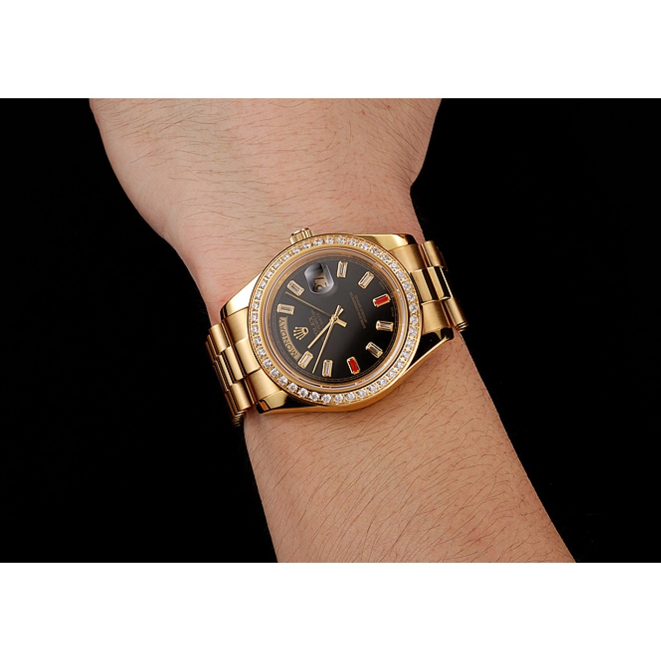 Good Copy Rolex Watches 1454101 Black Swiss Rolex Gold Diamonds Dial And Bracelet Rubies Day-Date 0803